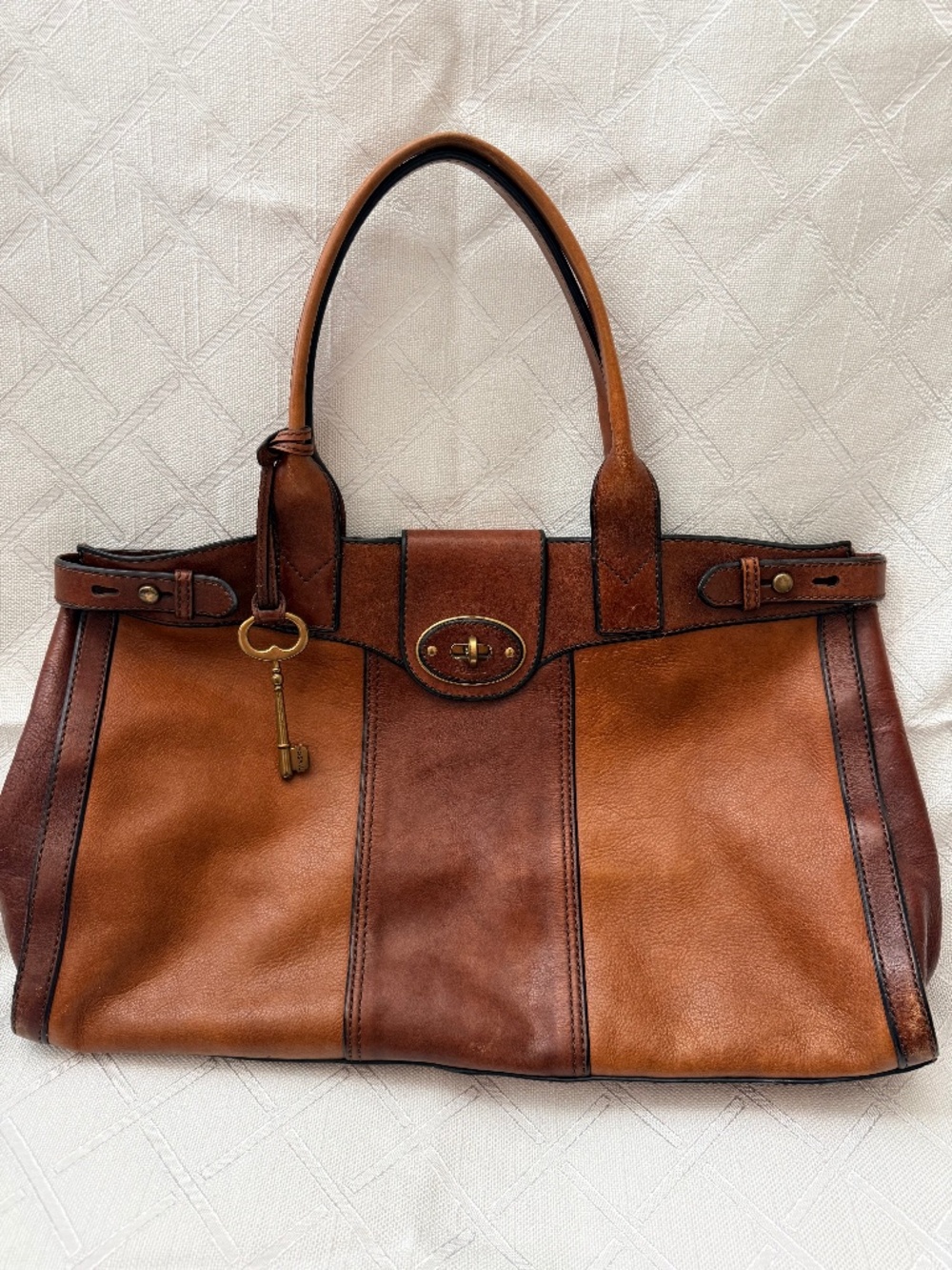 Fossil Brown Leather Satchel Tote Bag Gold Key Charm Vintage Style
